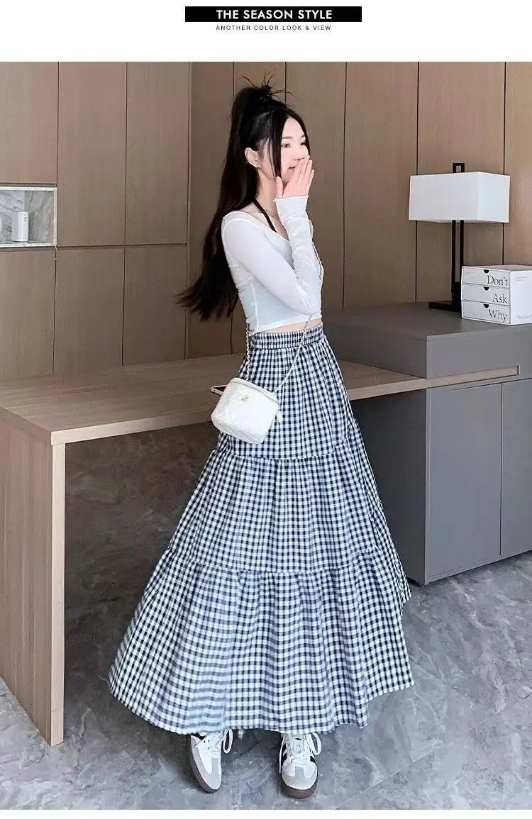 Patchwork Tiered Skirt Women 2025 Summer Vintage Checkered High Waisted Elastic Waist Slimming Midi Skir