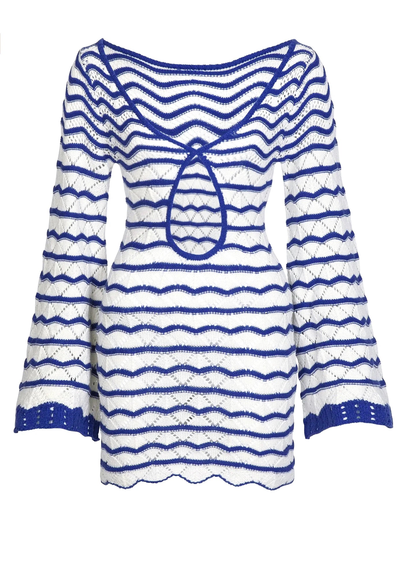 Sexy Boho Striped Chic V-neck Cut Out Bell Sleeve Knit Beach Mini Dress 2025 Summer Women Seaside Holiday Swimsuit Cover Up K123