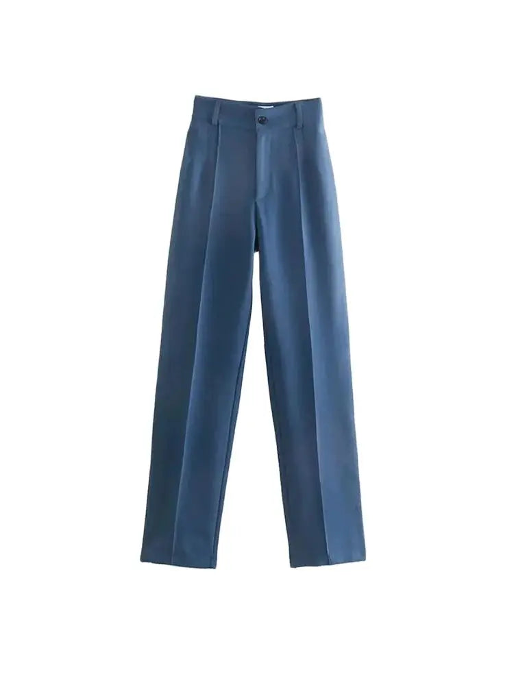 TRZA Women Chic Fashion Office Wear Straight Pants Vintage High Waist Zipper Fly Female Trousers Mujer