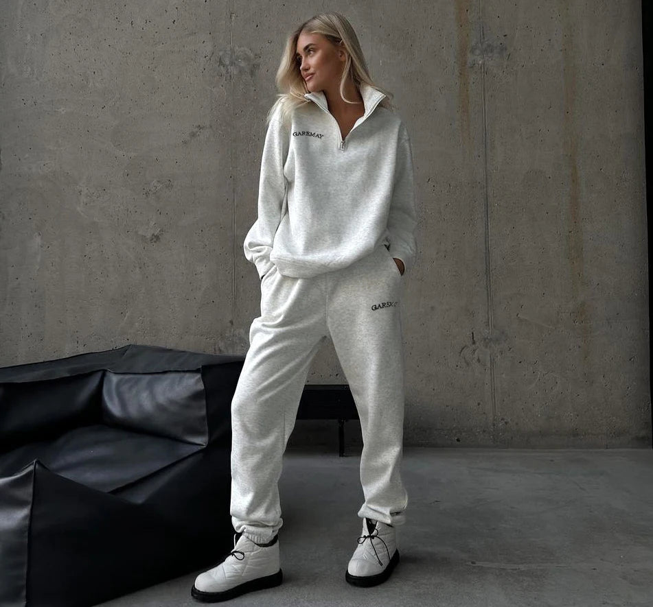 Autumn Women's Tracksuit with Zipper Cotton Oversize White Casual Two Piece Set Women  Classic Sports Trouser Suits for Women