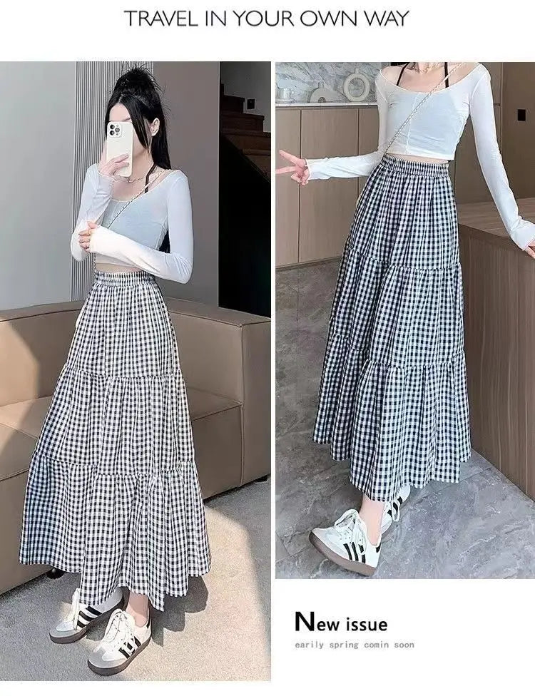 Patchwork Tiered Skirt Women 2025 Summer Vintage Checkered High Waisted Elastic Waist Slimming Midi Skir