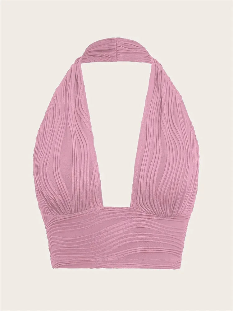 Solid White Backless Crop Halter Top Women Summer Y2K Club Grunge Clothes Deep V-neck Backless Sleeveless Tank Top Streetwear