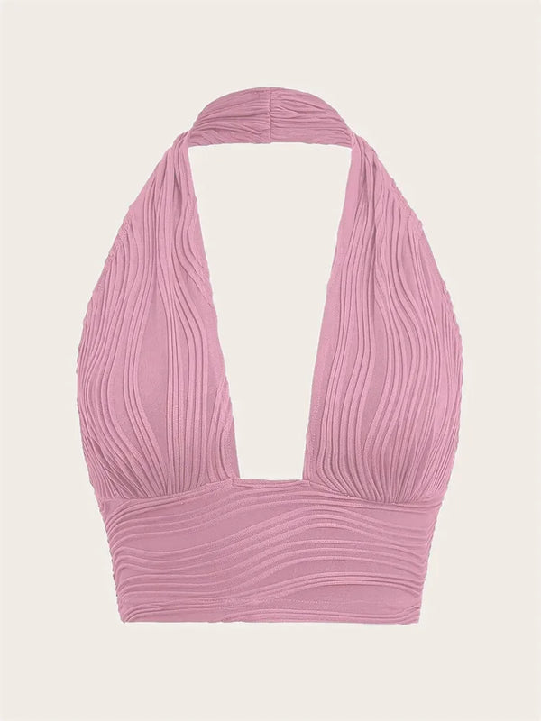 Solid White Backless Crop Halter Top Women Summer Y2K Club Grunge Clothes Deep V-neck Backless Sleeveless Tank Top Streetwear