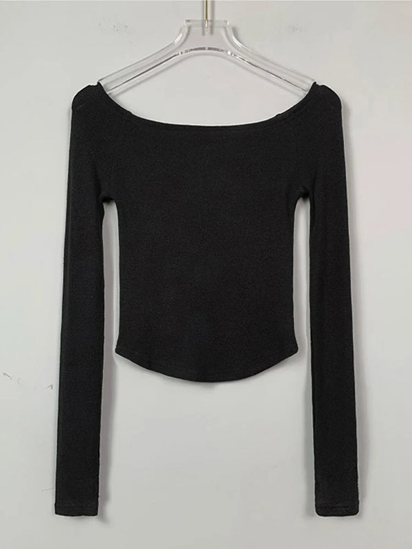 Sexy Slash Neck T Shirt Women Cotton Long Sleeves Cropped Tee Shirt Femme Slim T-shirt Female Black White Tops 2024