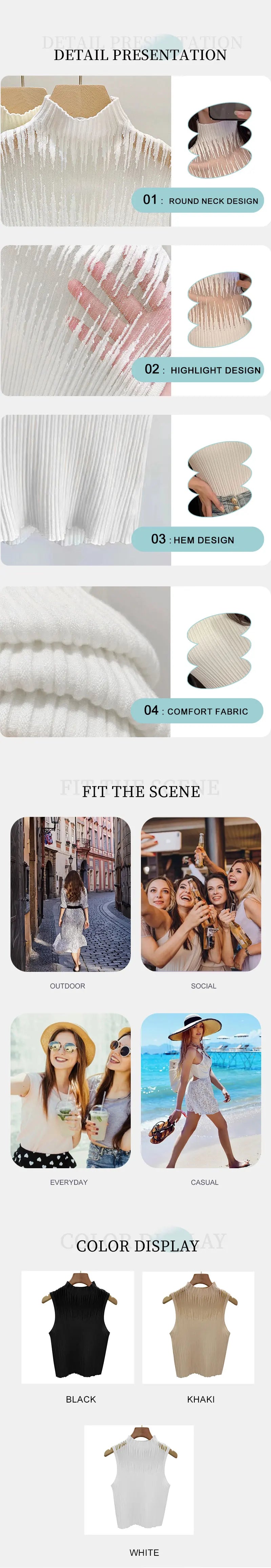 New Women's Summer Fashion Thin Knitted Undershirt Sleeveless Pullover Corset Top Half High Neck Comfortable Breathable T-Shirt