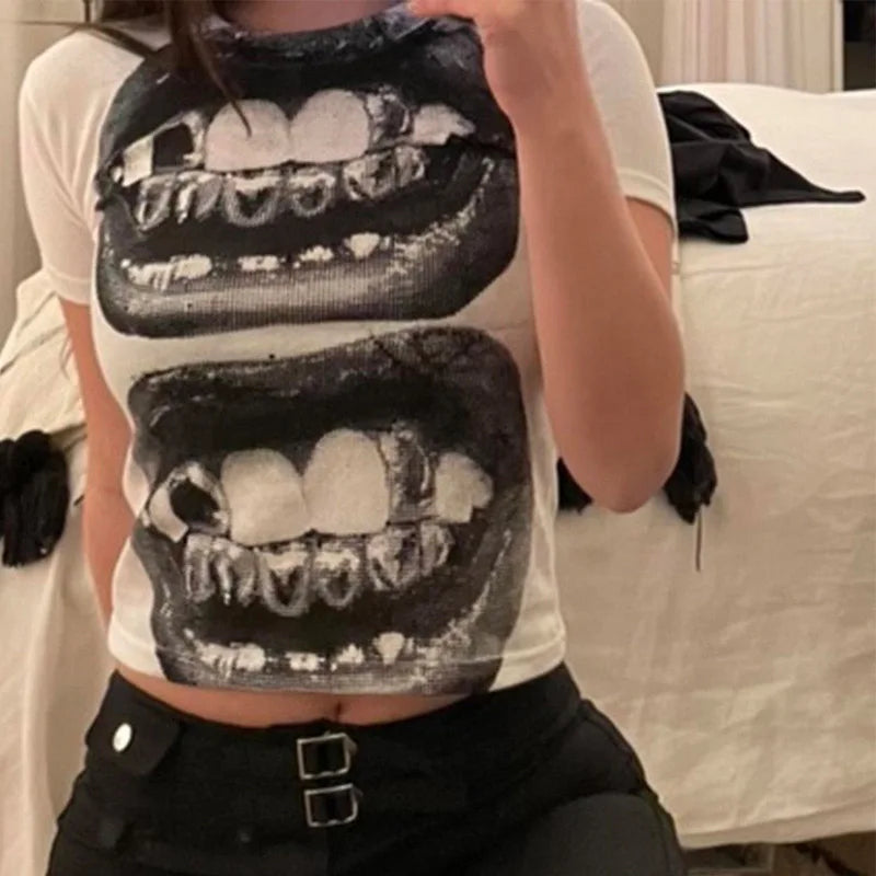 Punk Y2K Baby Short Sleeve Top Gothic Street T-shirt Women's Leisure Basic T-shirt Women's 2024 Summer Top E Girls' Gothic EMO