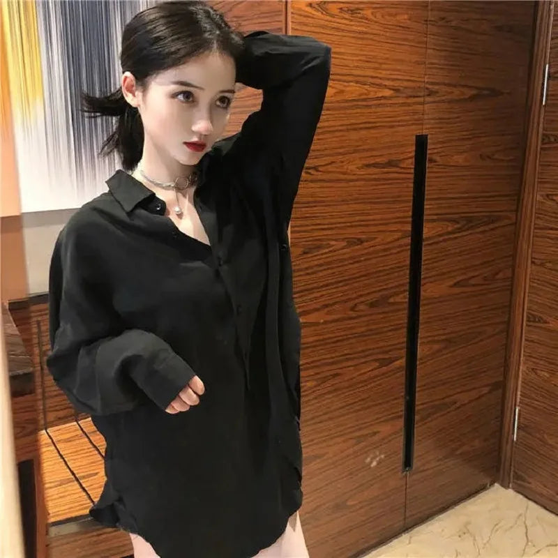 Minimalist Oversize Full Sleeve Women Basic Black Shirt Button Up Blouse  Turn Down Collar BF Long Shirts Autumn Cardigan Tops