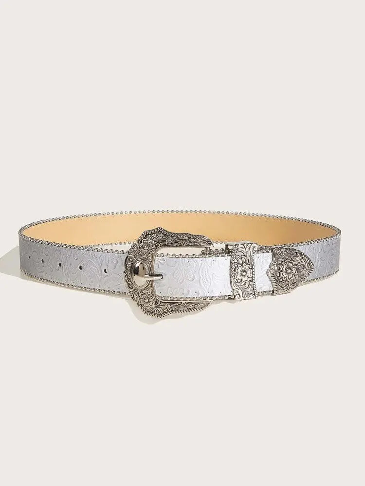 Western PU Leather Belt Western Cowboy Women Cowgirl Unisex Waist Belt with Metal Engraved Buckle