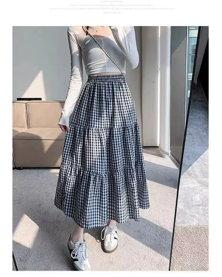 Patchwork Tiered Skirt Women 2025 Summer Vintage Checkered High Waisted Elastic Waist Slimming Midi Skir