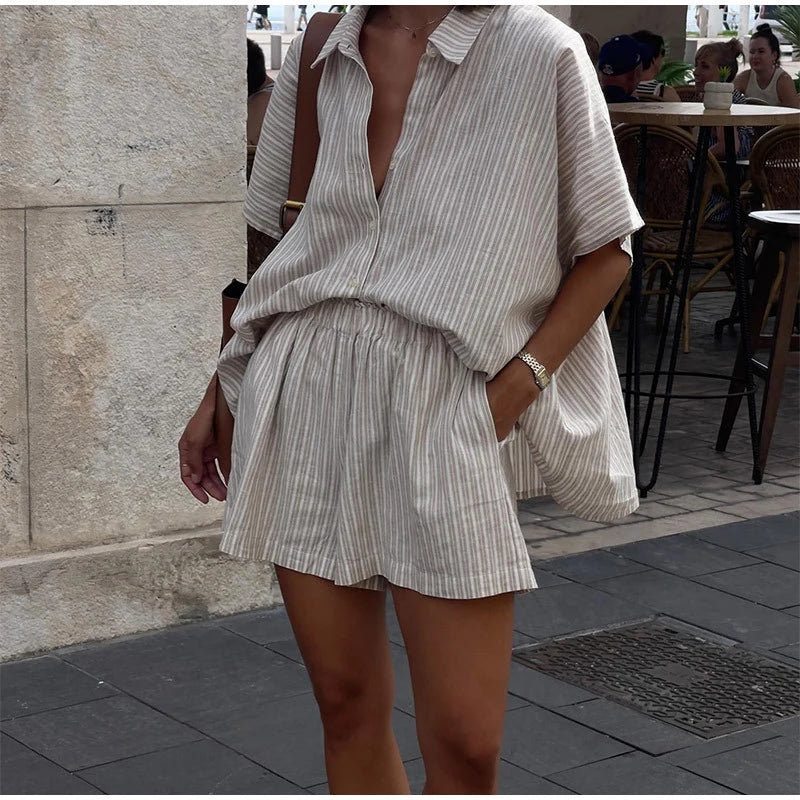 Women Elegant Stripes Cotton Linen Loose Shirt Shorts Suits Fashion Lapel Half Sleeves Elastic Waisted Shorts Summer Lady Outfit