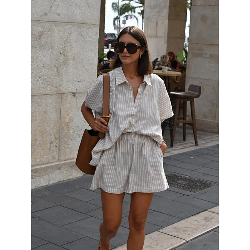 Women Fashion Stripe Print Lace-up Shorts Set Oversized Lapel Short Sleeve Single Breasted Shirts Suit Lady Casual Street Outfit