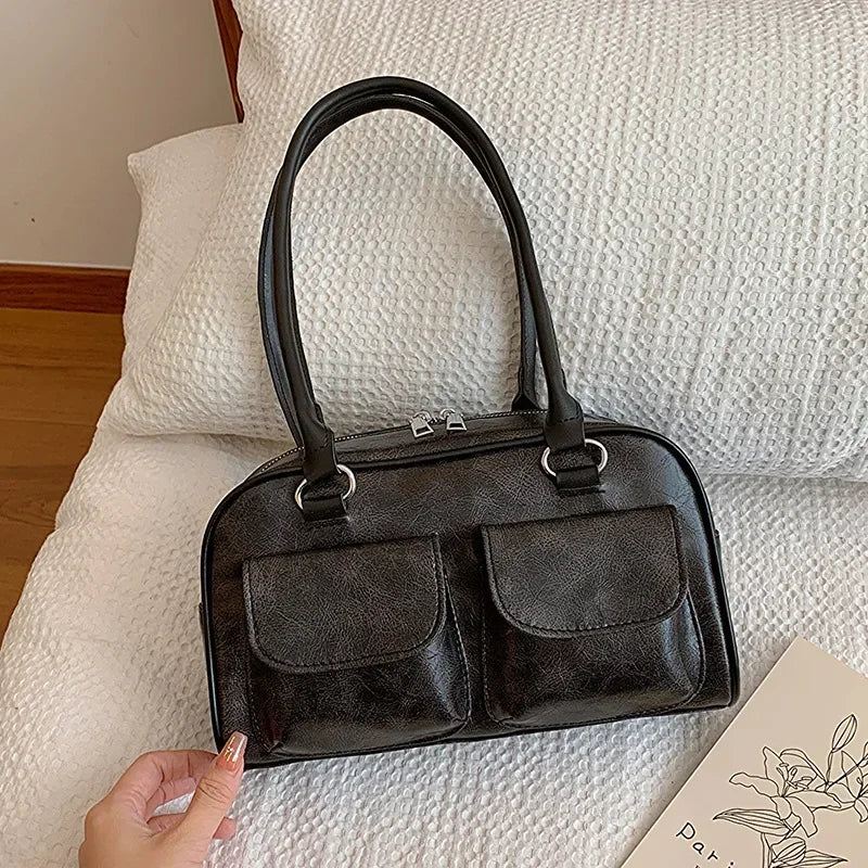 Retro Small Double Pockets Shoulder Bags for Women 2025 New Fashion Trend Designer Underarm Bag Female Handbags and Purses