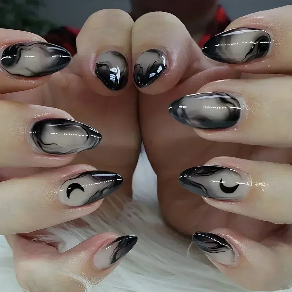 24Pcs False Nails Spicy Girl Silver Bow with Diamond Fake Nails with Glue Almond Press on Nails Black Cool Y2k Almond Nail Set