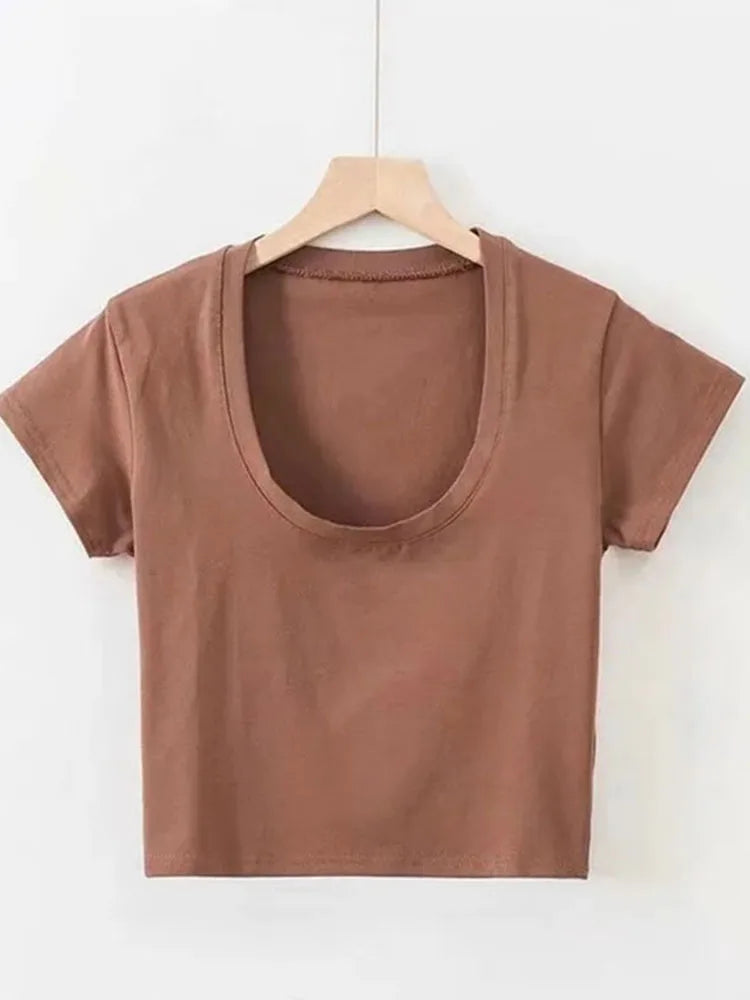 U-Neck Crop Top Solid Color Women Casual High Waist T Shirt Basic Sexy Streetwear Short Sleeve Slimming Tops