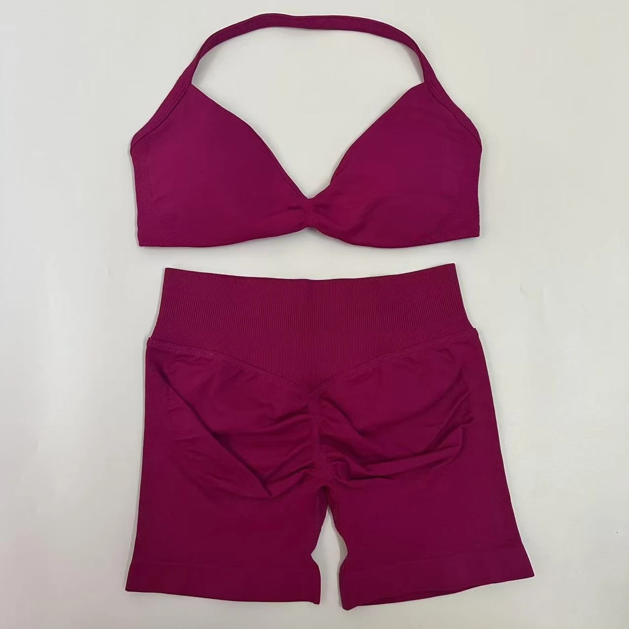No Logo Yoga Gym Set Women Seamless Strappy Yoga Bra Top High Waist Workout Scrunch Shorts Sports Set Fitness Clothes Sportswear