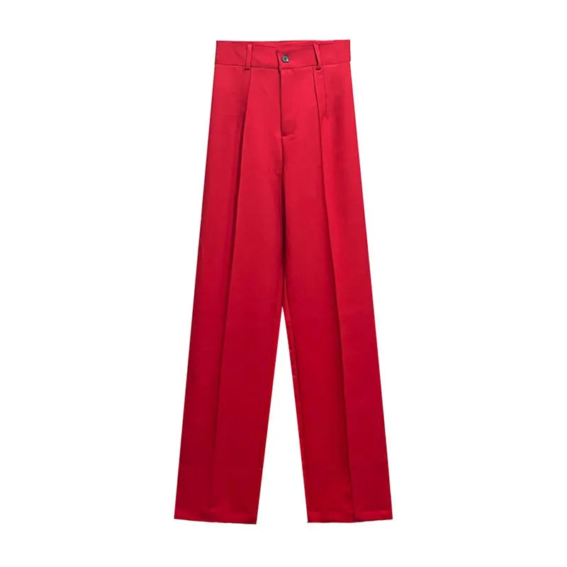 TRZA Women Chic Fashion Office Wear Straight Pants Vintage High Waist Zipper Fly Female Trousers Mujer