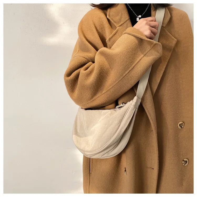 Solid Color Women's Portable Shoulder Bag Simple Female Nylon Cloth Padded Crossbody Bags Travel Purse Handbags Messenger Bag