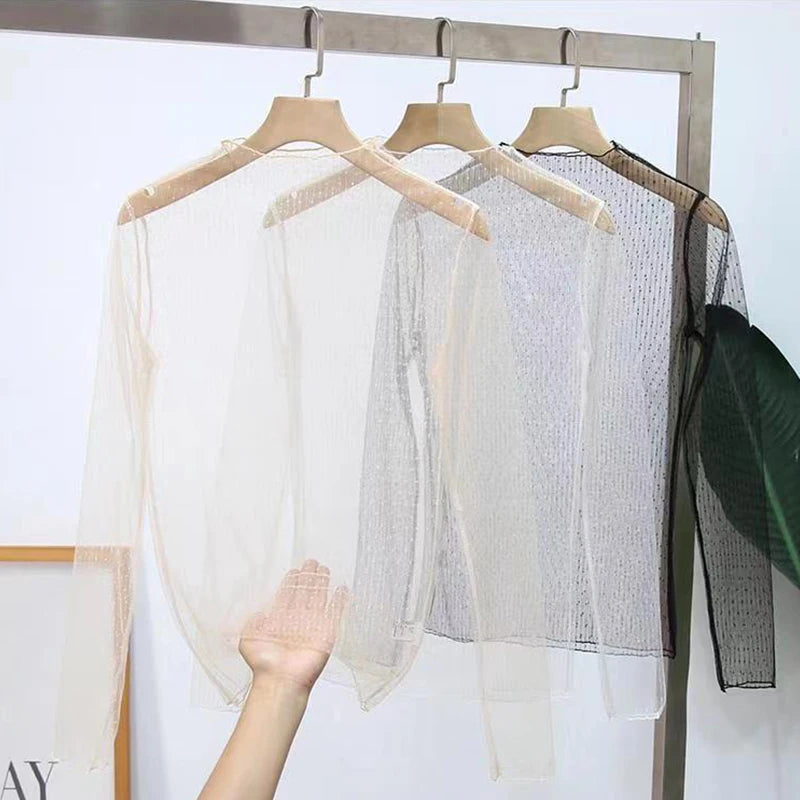 Sexy Women Mesh T-Shirts See-Through Perspective Tshirt  Sunscreen Tops Long Sleeve Bottoming Shirts Club Party Black Tee Shirts