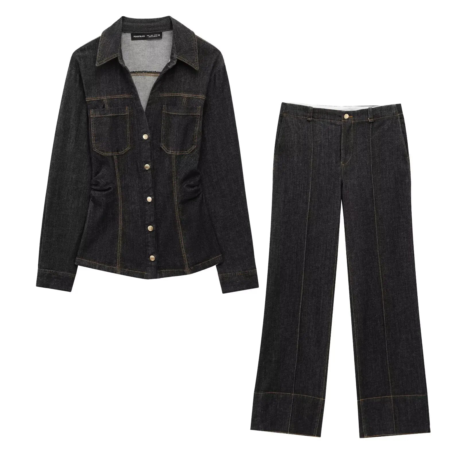 Women Two Pieces Set Denim Pant Sets Single Breasted Long Sleeve Belt Coat Wide Leg Trousers Jeans Female 2 Pieces Outfits