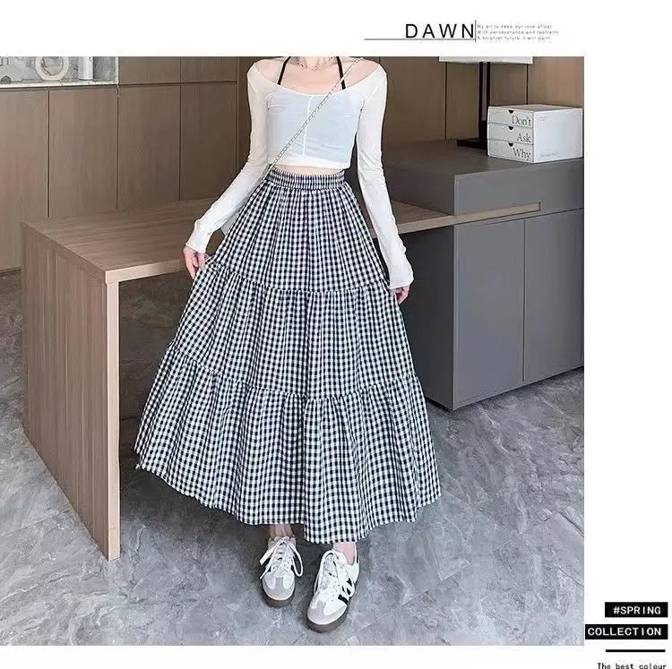 Patchwork Tiered Skirt Women 2025 Summer Vintage Checkered High Waisted Elastic Waist Slimming Midi Skir