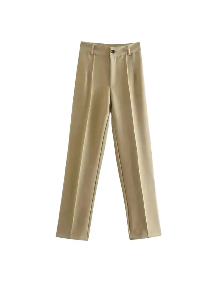 TRZA Women Chic Fashion Office Wear Straight Pants Vintage High Waist Zipper Fly Female Trousers Mujer