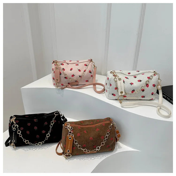 Women Small Underarm Bag Corduroy Handbag Cute Strawberry Print Little Tote Half Moon Design Eco Cloth Purse Mini Shoulder Bags