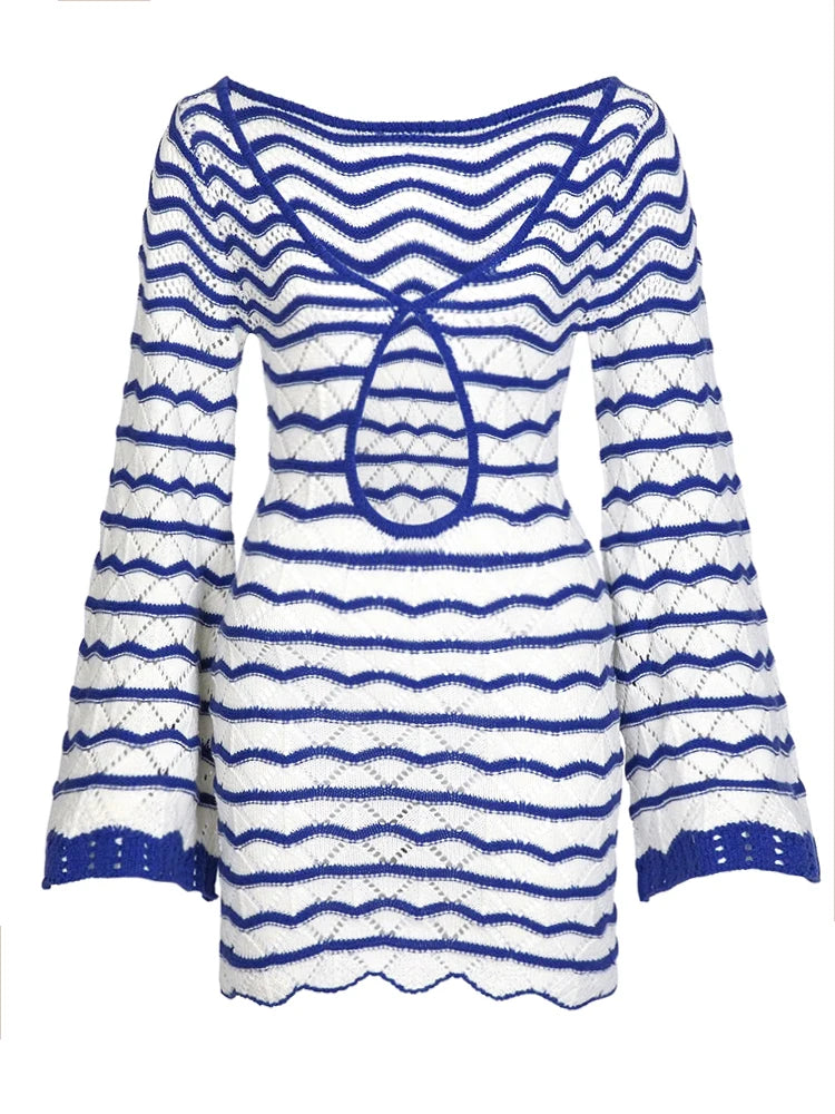 Sexy Boho Striped Chic V-neck Cut Out Bell Sleeve Knit Beach Mini Dress 2025 Summer Women Seaside Holiday Swimsuit Cover Up K123