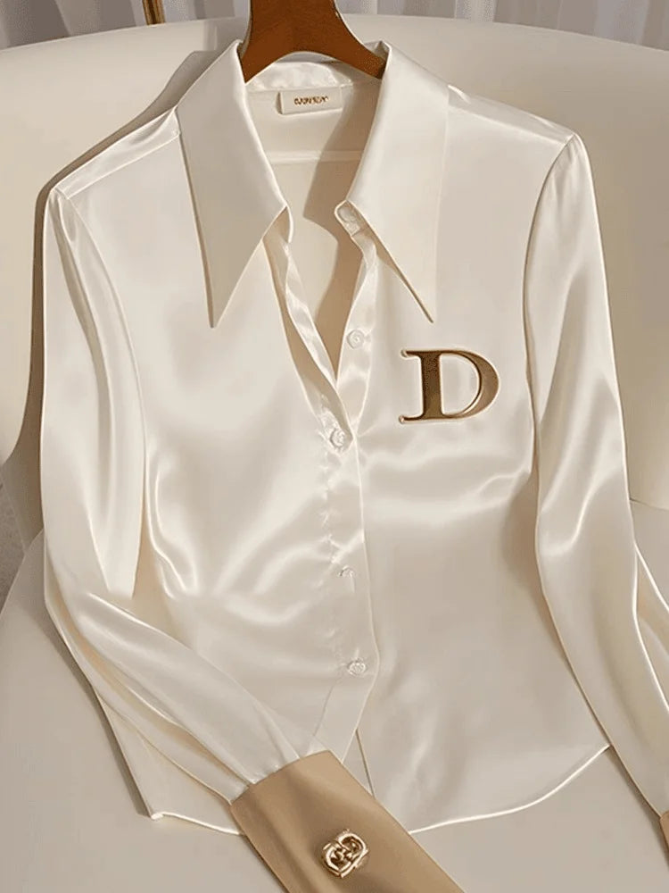 Elegant French Women's Pink/White Satin Shirt Turn-down Collar Long Sleeve Blouse Spring Autumn for Women Casual Office Lady New
