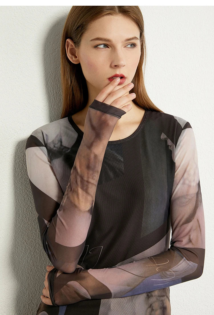 AMII Minimalism Long sleeve T-shirts for Women 2025 Spring New Bottoming Shirt Mesh Printing Inside Slim Trendy Tops 12421003