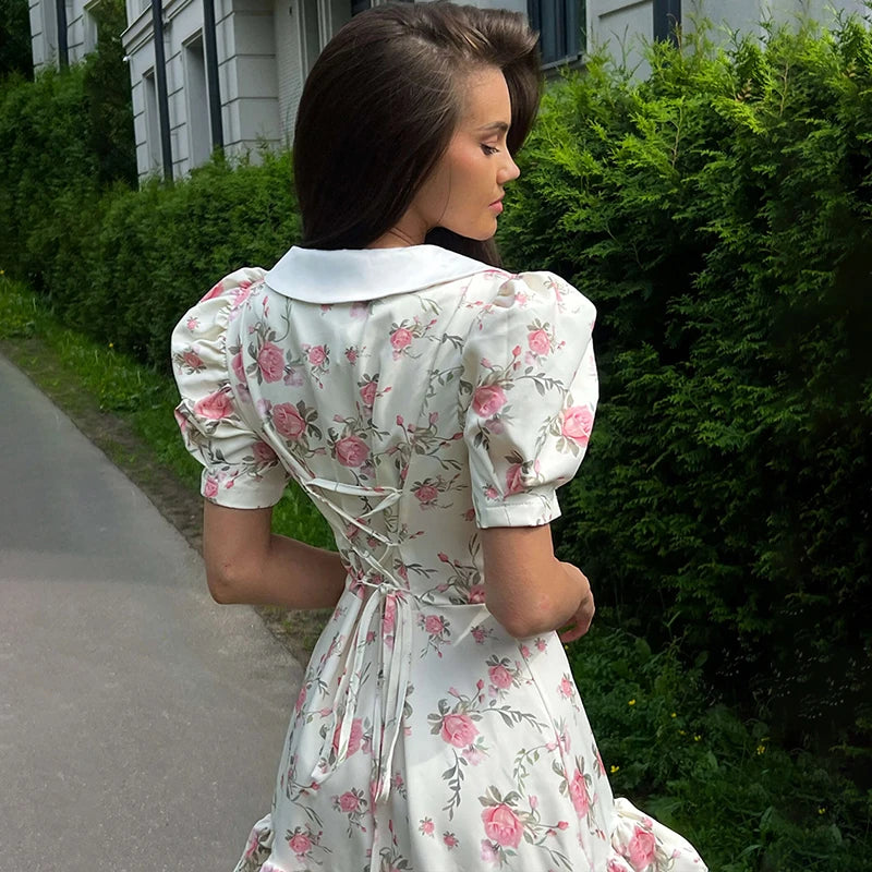 Tornova Print Puff Sleeves Ruffled Dress Women's V-Neck High Waist Pearl Buttons Mini Dress Female Casual Vacation Fashion Dress