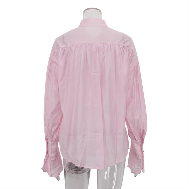 Bornladies Autumn Women's Fashionable Loose Collared Shirt Office Lady Solid Color Versatile Flare sleeve Top Long Sleeved Shirt