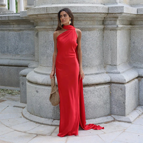 Elegant Solid Ribbon Women Halter Dress Off Shoulder Sleeveless Backless Slim Female Maxi Dresses 2025 Summer New Chic Lady Robe