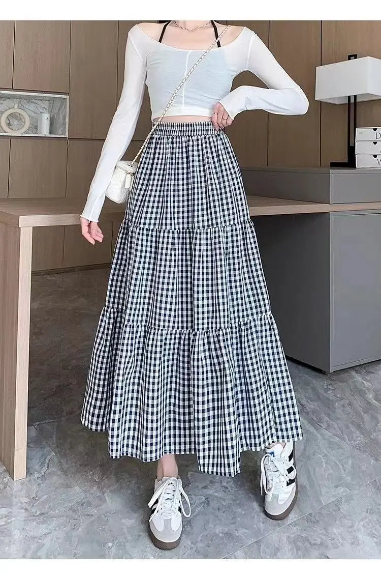 Patchwork Tiered Skirt Women 2025 Summer Vintage Checkered High Waisted Elastic Waist Slimming Midi Skir