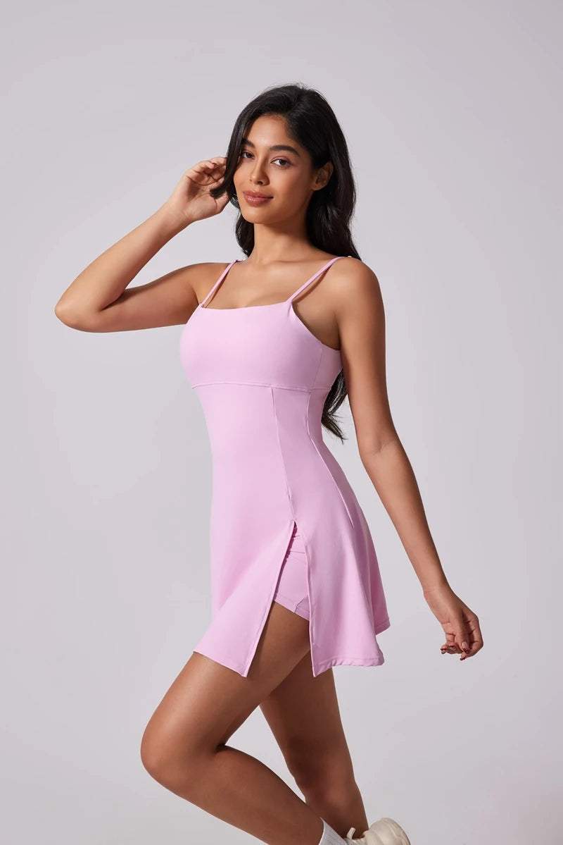QINACTIVE Women's sports beautiful back dress Removable chest cushion cushion breathable outdoor yoga tennis skirt