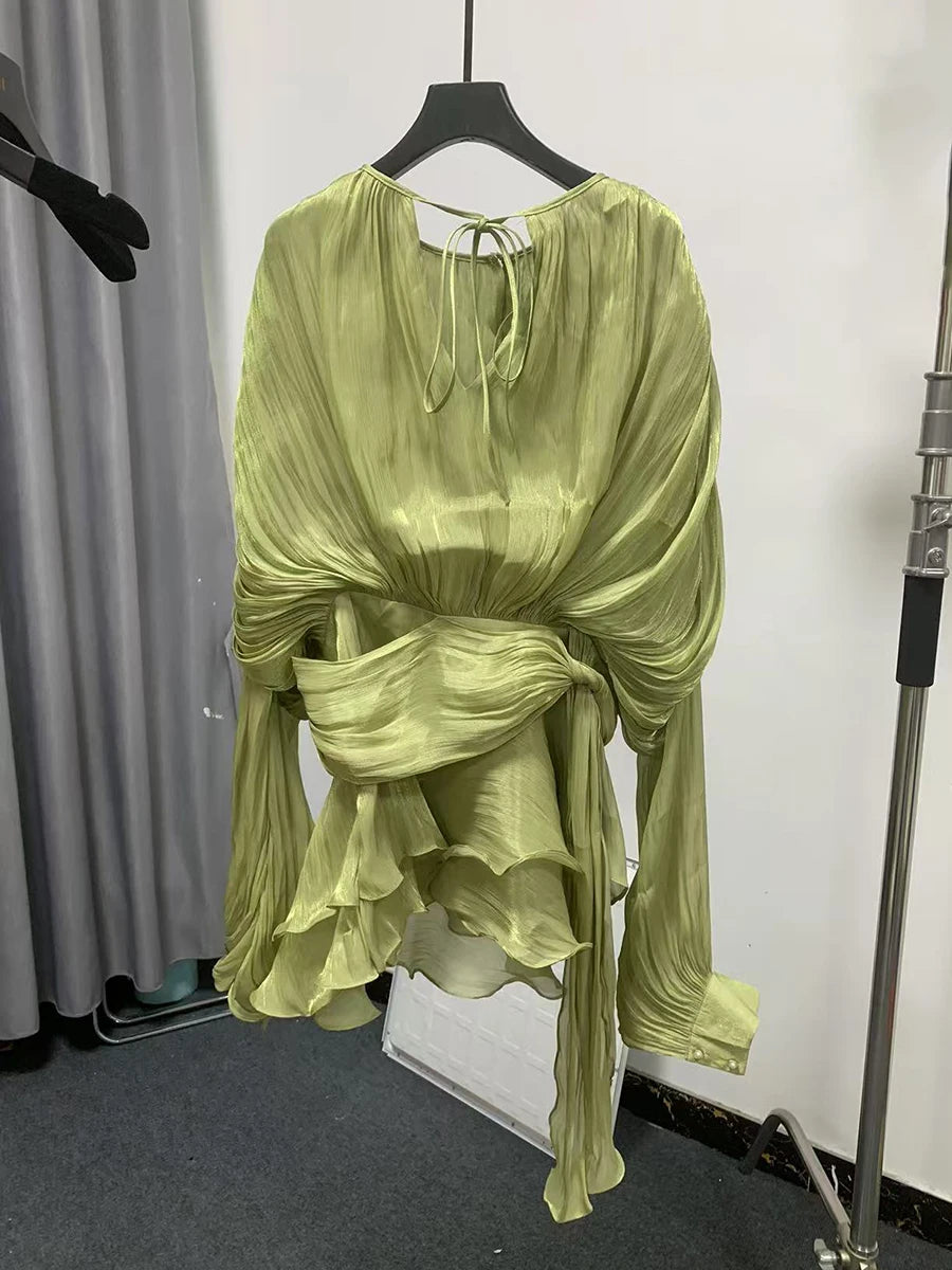 TWOTWINSTYLE Elegant Ruched Mini Dress For Women Round Neck Lantern Long Sleeve High Waist Temperament Dresses Female Fashion