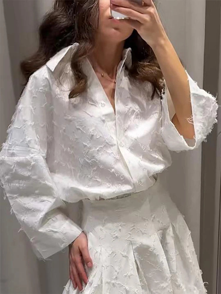 Elegant Shirt Skirt Set Women Lapel Long Sleeve Loose T-shirt High Waist Pleated Long Skirts Suits 2025 Summer Street Lady Sets