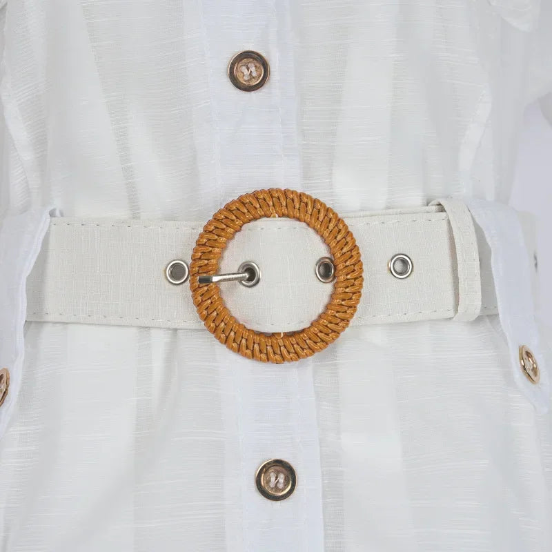 Real Shot Design Sense Positioning Print Single-Breasted Elegant Shirt A-Line Pocket Dress with Belt + Strap