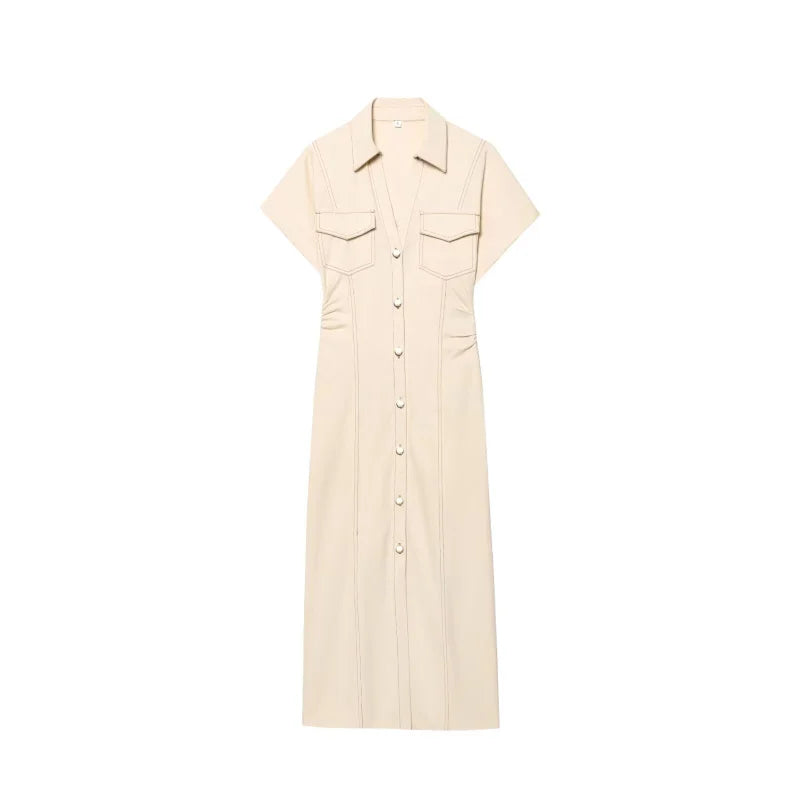 ETJ 2025 traf Spring New 1975 series denim MIDI dress with lapel side zipper fashion wrinkle waist slim elegant dress