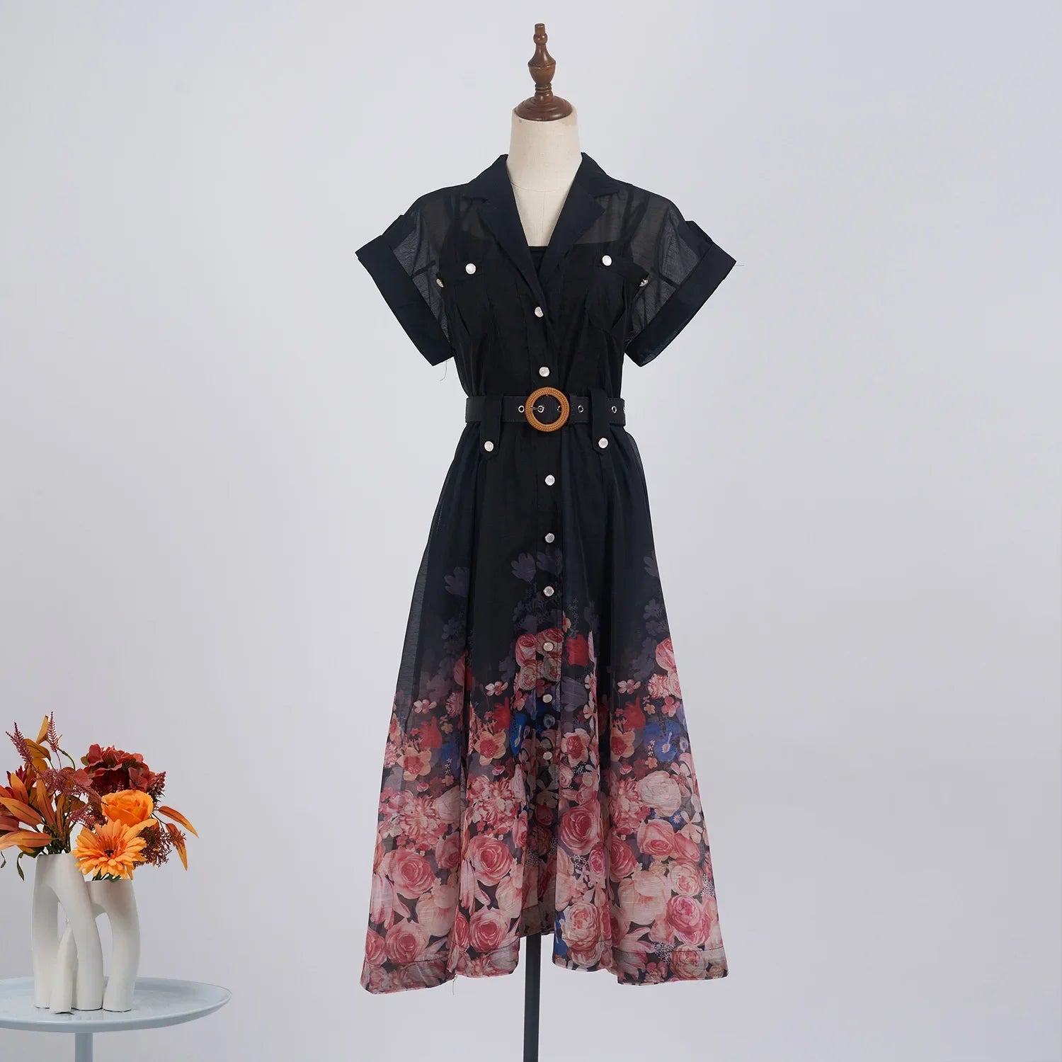 Real Shot Design Sense Positioning Print Single-Breasted Elegant Shirt A-Line Pocket Dress with Belt + Strap