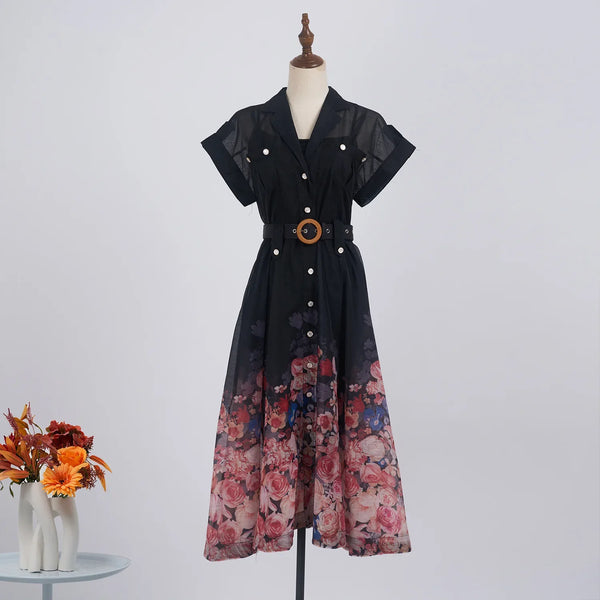 Real Shot Design Sense Positioning Print Single-Breasted Elegant Shirt A-Line Pocket Dress with Belt + Strap