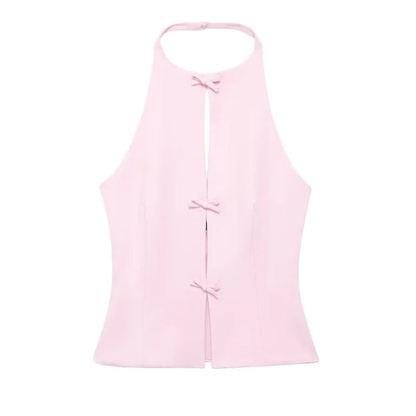 TRAF Bow Two Piece Set Backless Halter Women Top And Mid Waist Lady Skirt New In 2024 Summer Fashion Casual Office Lady Set