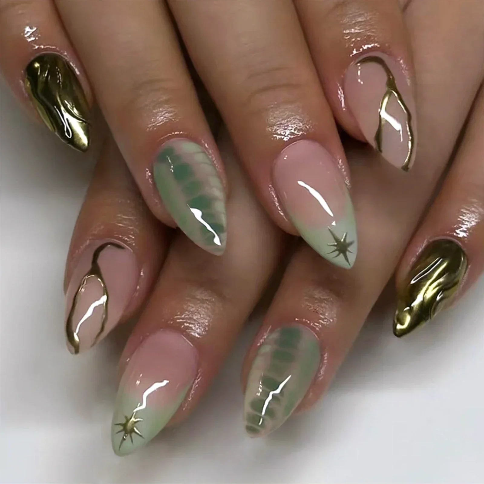 24Pcs False Nails Spicy Girl Silver Bow with Diamond Fake Nails with Glue Almond Press on Nails Black Cool Y2k Almond Nail Set
