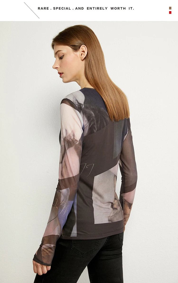 AMII Minimalism Long sleeve T-shirts for Women 2025 Spring New Bottoming Shirt Mesh Printing Inside Slim Trendy Tops 12421003