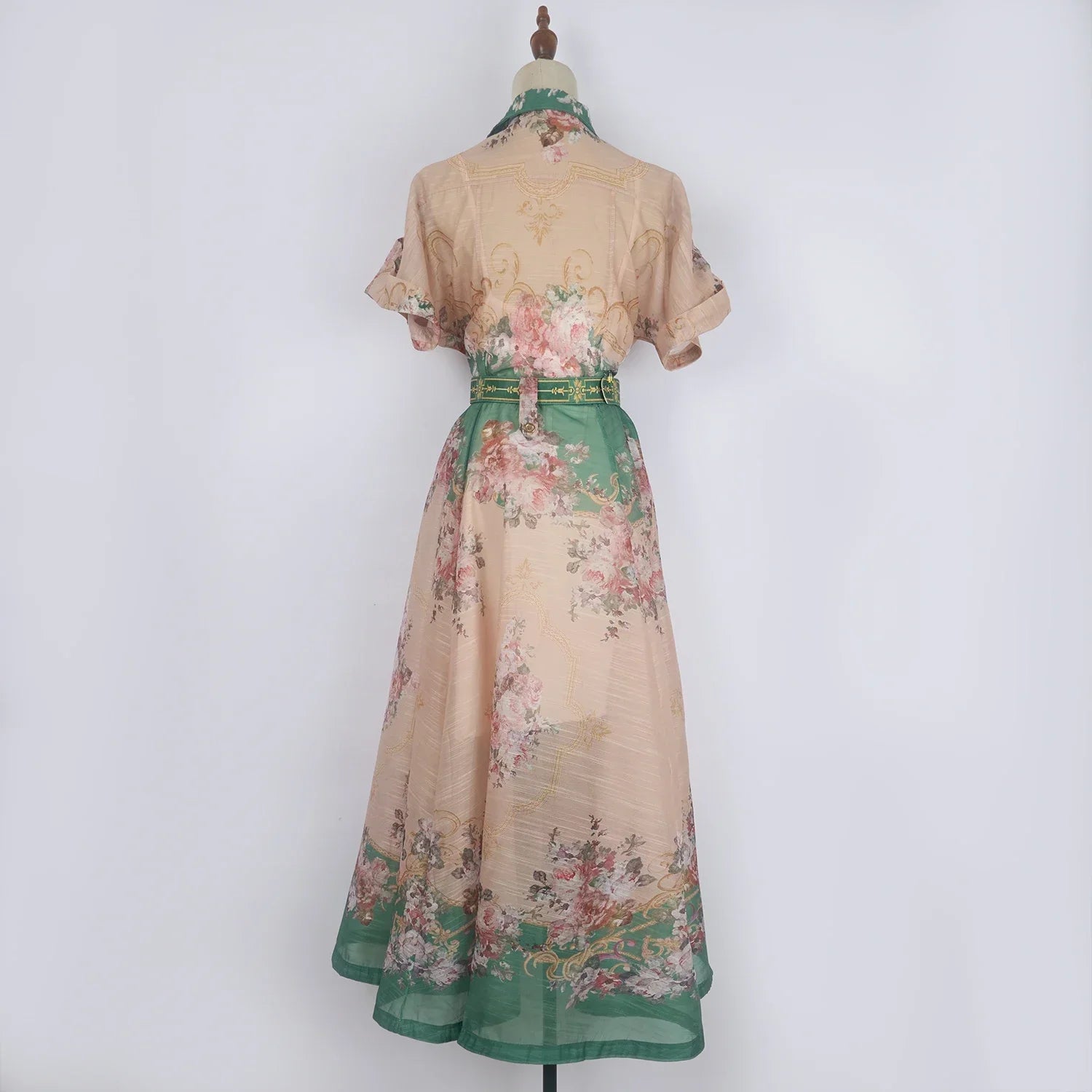 Real Shot Design Sense Positioning Print Single-Breasted Elegant Shirt A-Line Pocket Dress with Belt + Strap
