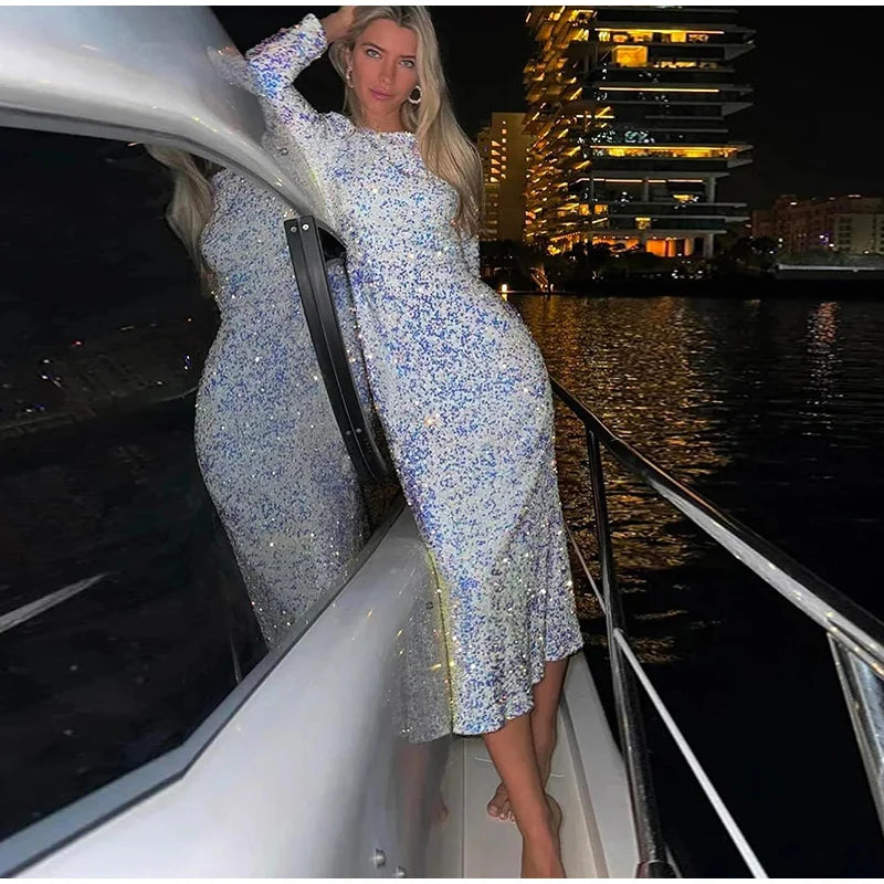 Elegant Sequin Printed Maxi Dresses Women's 2025 Summer Party Gowns Long Sleeve High Waist Slim Round Neck Lady  Evening Dress