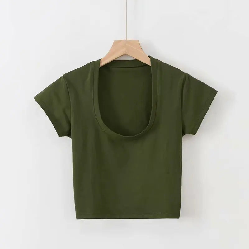 U-Neck Crop Top Solid Color Women Casual High Waist T Shirt Basic Sexy Streetwear Short Sleeve Slimming Tops