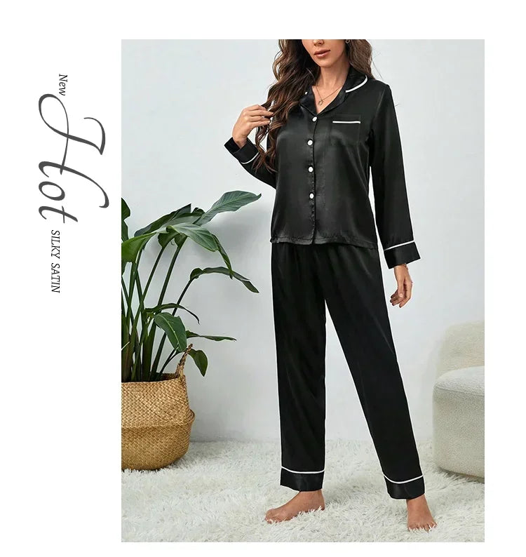 Plus Size Autumn and Winter Silk Pajamas Women Tops and Pants Solid Casual Soft Nightwear Buttons Cardigan Sleepwear Homewear