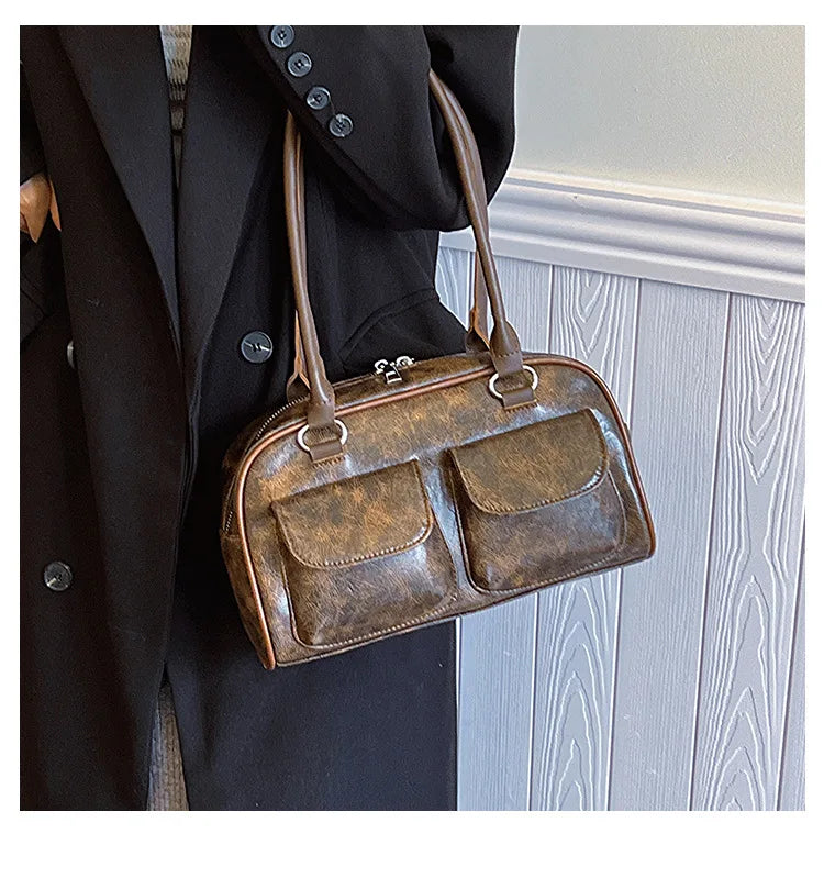 Retro Small Double Pockets Shoulder Bags for Women 2025 New Fashion Trend Designer Underarm Bag Female Handbags and Purses