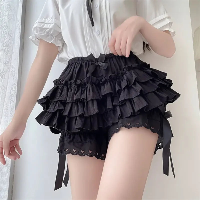Black white pleated panties woman pumpkin cute panties bow knot lolita safety shorts vintage pants victorian bloomers