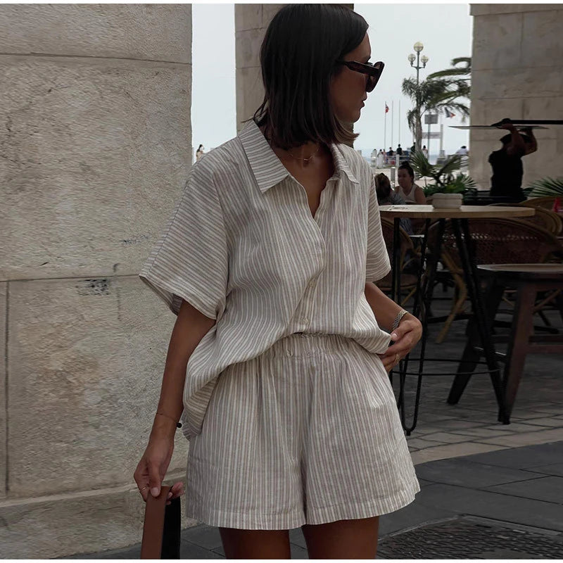 Women Elegant Stripes Cotton Linen Loose Shirt Shorts Suits Fashion Lapel Half Sleeves Elastic Waisted Shorts Summer Lady Outfit